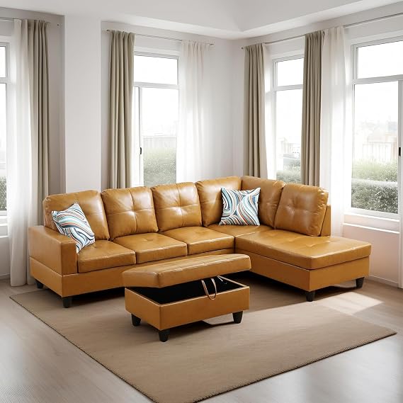 L Shape Sofa Couch, Breathing Leather Sectional Sofa Set, Modern Sectional Couch Set with Chaise and Storage Ottoman for Living Room/Apartment/Office (Giner, Corner Sofa)
