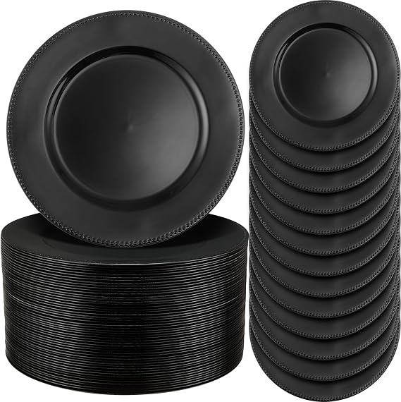 Jinei 100pcs Plastic Charger Plates, 13'' Reusable Dinner Plates with Beaded Edges, Elegant Vintage Style for Weddings, Parties, and Festivals(Black)