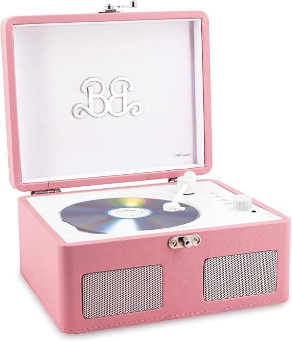 Lisciani - BARBIE Portable CD Player for Teenage Girls From 12 Years - Retro Design Inspired by Phonographs - Leatherette Case Included - USB Port - Telephone Connection - Loudspeaker - Rhythm Sense