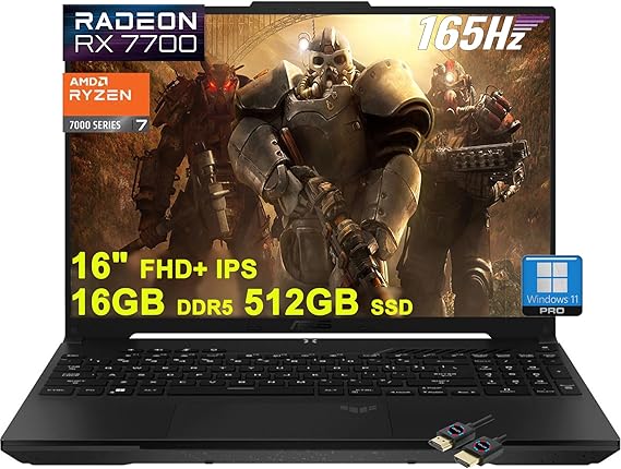 ASUS TUF Gaming A16 Laptop | 16"" FHD+ 165Hz 100% sRGB | AMD 8-core Ryzen 7 7735HS | 16GB DDR5 512GB SSD | Radeon RX7700S 8GB Graphic (>RTX4060) | Backlit USB-C USB4 Win11Pro + HDMI Cable, Black