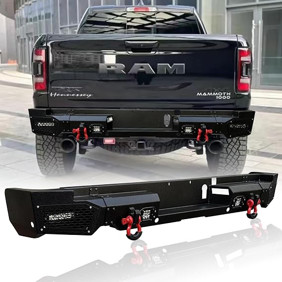 Rear Bumper Compatible with 2021 2022 2023 2024 Dodge RAM 1500 TRX with 4 24W LED Lights & 2 4.75T D-Ring & Sensor Mounting Hole