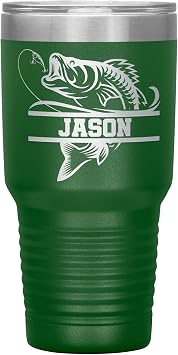 Personalized Bass Fishing Tumbler - Bass Fishing Gift - 30oz Insulated Engraved Stainless Steel Fishing Travel Mug Green