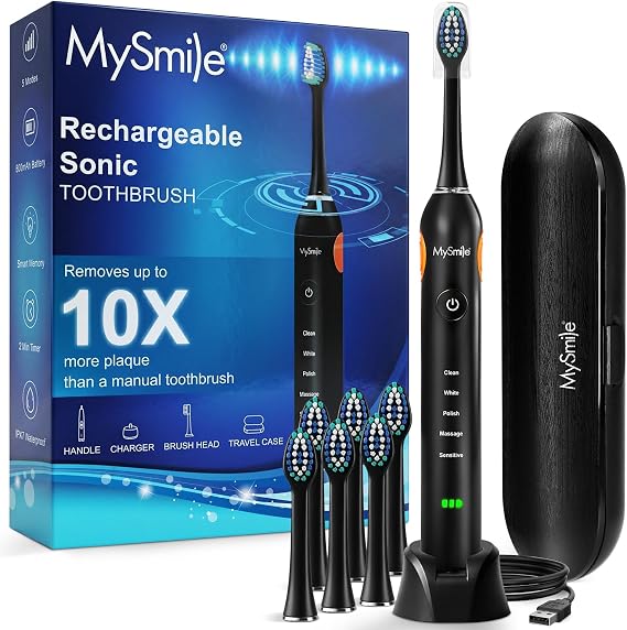 MySmile UC605 Electric Toothbrush, 80+ Day Battery, 6 Heads & Travel Case