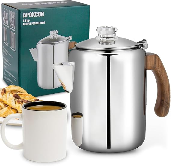 APOXCON Coffee Percolator Pot with Solid Wood Handle Stainless Steel(8 Cup)