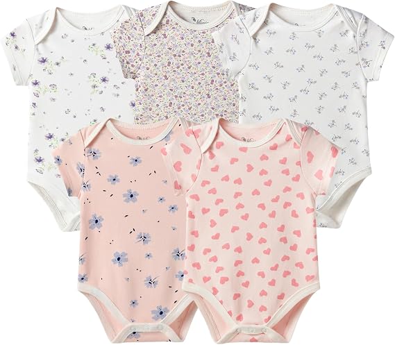 Baby Girls Short-Sleeve Bodysuit,100% Cotton 5 Pack of Baby Girls Romper,0-24 Months Soft Breathable