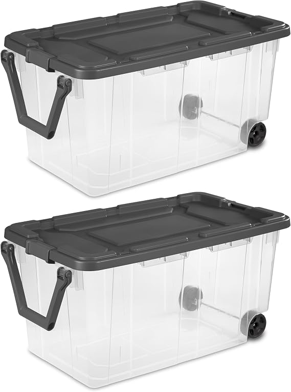 160 Quart Wheeled Stacker, Extra Large Durable Clear Bin, Latch Lid and Pull Handle, Gray, 2 Count