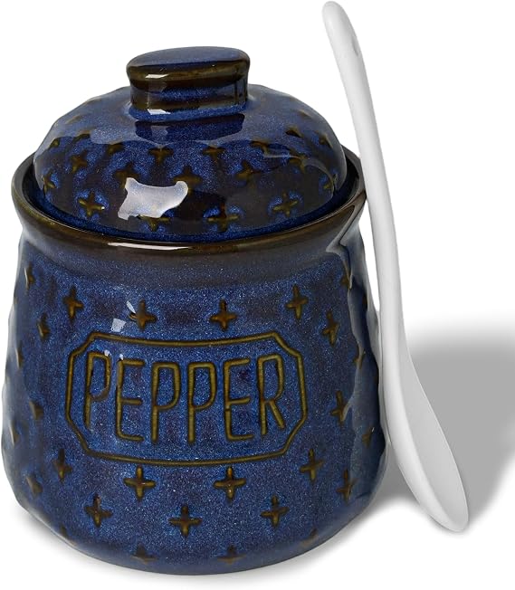 Pepper Bowl with Lid and Spoon, 10 oz Ceramic Seasoning Jar (Vintage Blue)