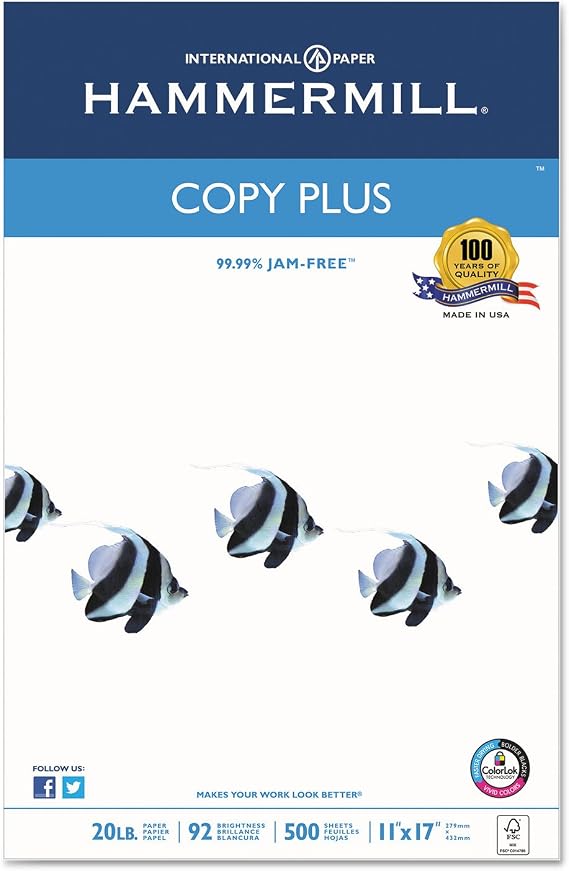Hammermill 105023 Copy Plus Copy Paper, 92 Brightness, 20lb, 11 x 17, White, 500 Sheets/Ream