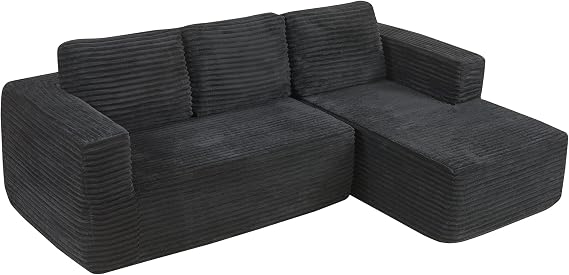 Panana Modular Sectional Sofa, Modern Boneless Couch 3 Seater Corner Sofa Corduroy, L Shaped Sofa Bed for Living Room Bedroom, No Assembly Required (Black, Right-Facing Chaise)