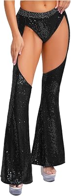 Vxuxlje Womens Glitter Sequin Disco Dance Flared Pants Elastic Waistband Hollow Out Chaps Trousers