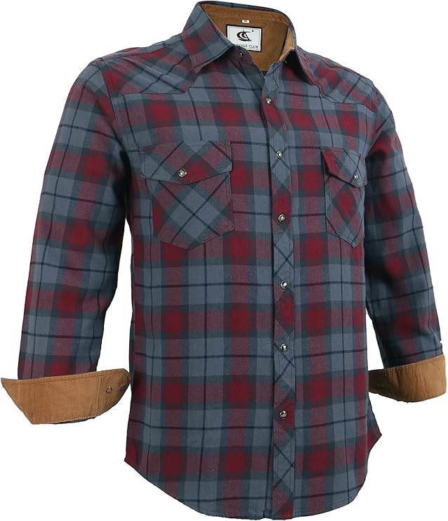 Mens Western Cowboy Flannel Shirts Corduroy Lined Snap Button Up Cotton Regular Fit Long Sleeve Plaid Shirts