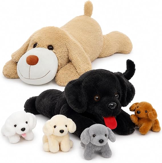 MorisMos Large Dog Plush & Mommy Dog with Puppies Bundle, 31" Large Puppy Stuffed Animal with 21" Black Labrador Mom Dog and 4 Baby Puppies, Soft Plush Gift Set for Kids, Birthday, Christmas