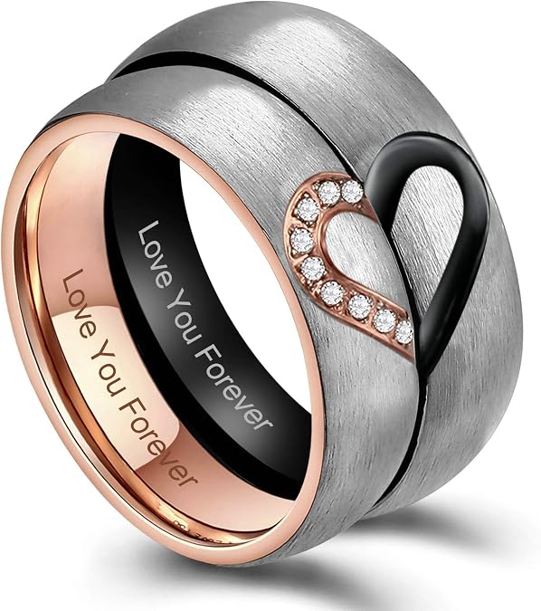 Free Custom Engraving Matching Promise Rings for Couples Stainless Steel Puzzle Heart Engagement Wedding Ring Band for His and Her