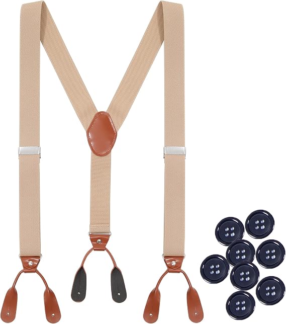 Button Suspender for Men,Y-Back Adjustable Elastic Heavy Duty Suspender | Y-Back Men Button Suspenders 1.3" W Elastic Straps,PU Leather Ends. Adjustable 30"-43",For Casual Formal