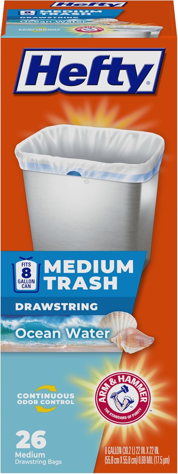 Hefty 8 Gallon Medium Trash Bags, White, Ocean Water Scent, 26ct | Drawstring Closure, 8G Medium White Trash Bags for Bathrooms, Bedrooms, Home Offices, Scented, Continuous Odor Control