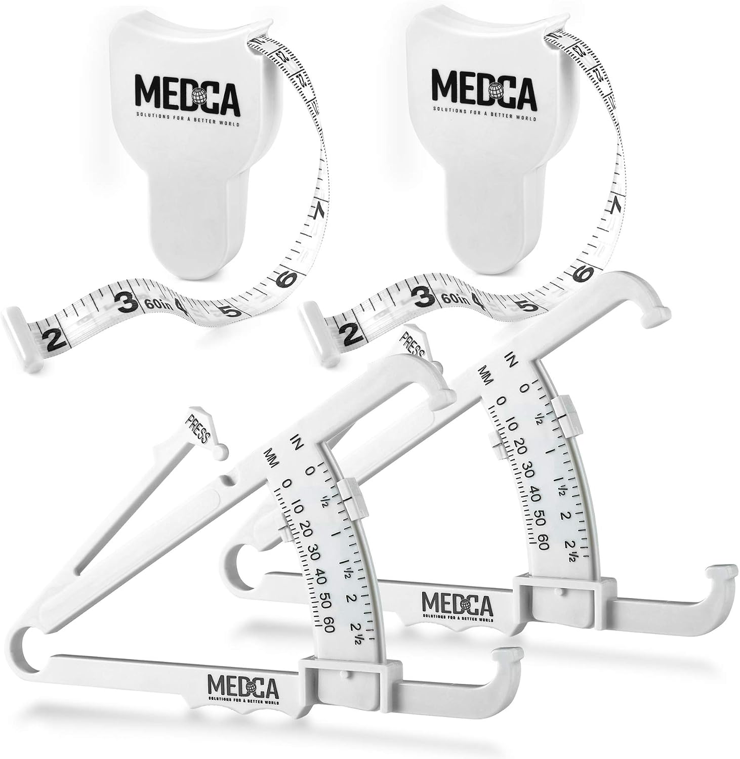Body Tape Measure and Skin Crease Caliper for Body - 4 Piece Set - Skin Wrinkle Body Fat Analyzer and BMI Meter White