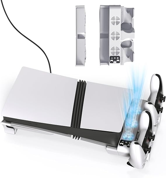 Horizontal Cooling Stand for PS5 Pro/for PS5 Slim Disc & Digital,Charger for PlayStation 5 Controllers with 3-Level Cooling Fan,5 Pro Cooling Stand Horizontal