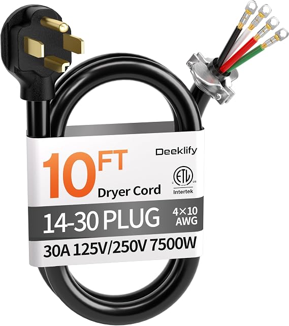 10FT 4 Prong Dryer Cord, Pure Copper, NEMA 14-30P Plug, ETL Listed