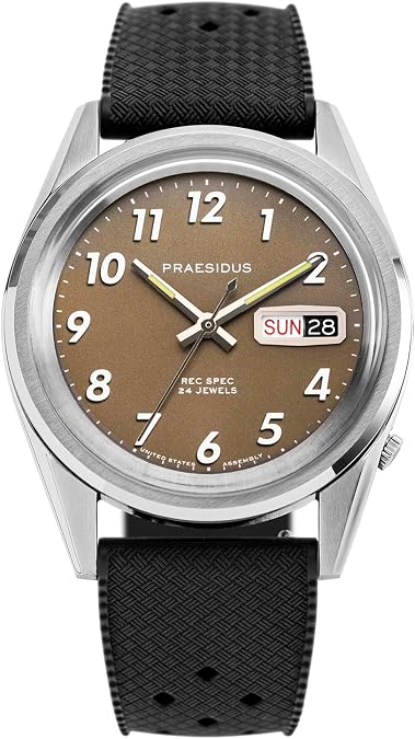 PRAESIDUS | REC SPEC - Watches for Men, Men's Wrist Watches - Field, Military - Khaki Brown Dial, Black Tropic Rubber Strap | Automatic, Gift