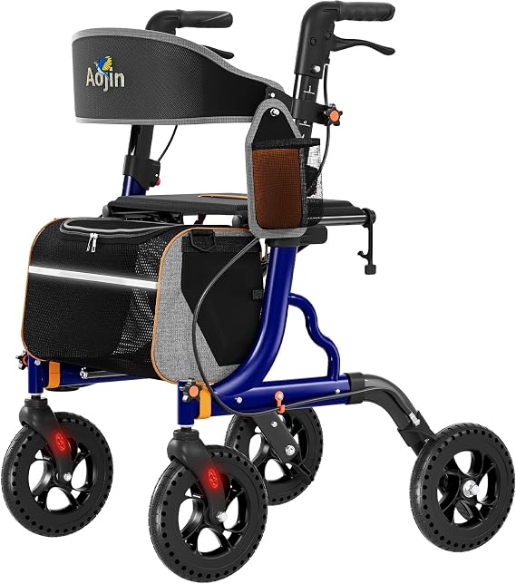 Aojin Rollator Walker for Seniors with Seat, Lightweight & Foldable, Blue | 8" Rubber Wheels and Backrest, Built-in Cable Lightweight Aluminum Walkers with Adjustable Height