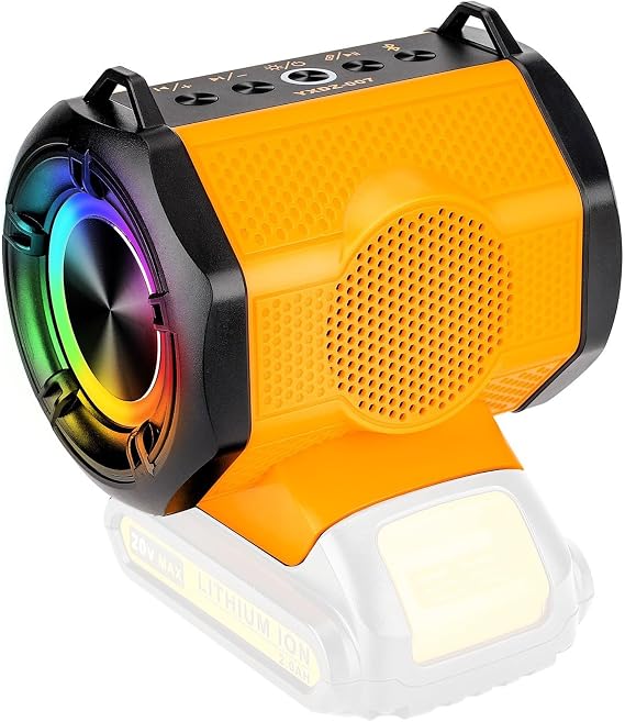Portable Bluetooth Speaker Compatible with DeWalt 20V Max Battery Wireless BT5.3 and USB Audio Source, TWS Pairing, Multicolored Lights, Jobsite Home Party Outdoor Speaker(No Battery)
