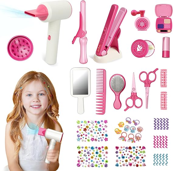 RedCrab Hair Salon Toys for Girls, 45PCS Salon Hair Stylist Pretend Makeup Kit with Hair Dryer,Comb,Bling Hair Jewels, Pretend Hair Styling Set for Girls 3-8 Years Birthday