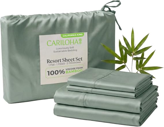 Cariloha Resort Sheet Set - Cooling Bamboo Viscose - Ocean Mist - Cal King | Luxury Cooling Sheets with Sateen Weave, 18 in Deep Pockets, 1 Fitted, 1 Flat, 2 Pillowcases, OEKO-TEX Standard 100