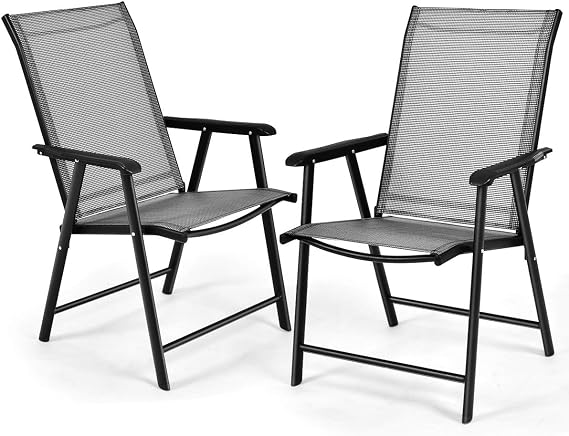 S AFSTAR Patio Chairs Set of 2, Outdoor Foldable Sling Chairs with Armrests, Folding Outdoor Chairs for Lawn Garden Backyard Poolside Porch (Gray)