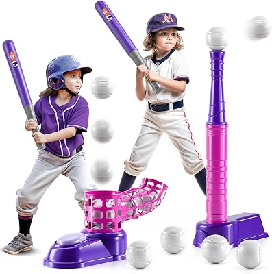 2 in 1 T Ball Sets for Kids 3-5,Tee Ball Set with 10 Balls,Step on Pitching Machine,Teeball Batting Tee,Baseball Toys OutdoorIndoor Sport Toys Gift for 3 4 5 6 7 8 Year Old Kids Girls