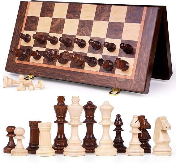 Magnetic Chess Set, 15 Inch Wooden Chess Set with Storage, Folding Travel Chess Set with Strong Magnetic Pieces, Tournament Chess Board, Portable Chess Set with 2 Extra Queens for Adults & Kids