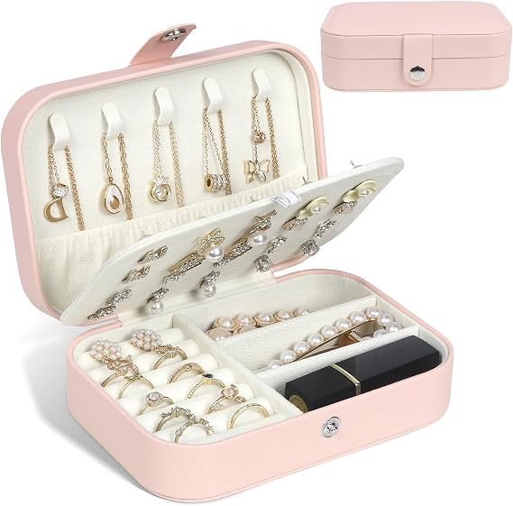 Travel Jewellery Box, Portable 2 Layer Small Jewellery Organiser, PU Leather Jewellery Storage Case for Necklace Rings Bracelets Earrings, Gifts for Women Girls, Mothers Birthday (Pink)