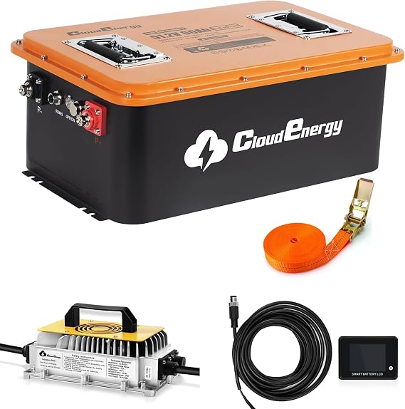 Cloudenergy 48V(51.2V) 60AH LiFePO4 Lithium Golf Cart Battery Built-in 200A BMS,with Mobile APP,Touch Monitor and retention strap,6000+ Cycles,Perfect for Golf Carts(GFS48V-60AH With Charger)