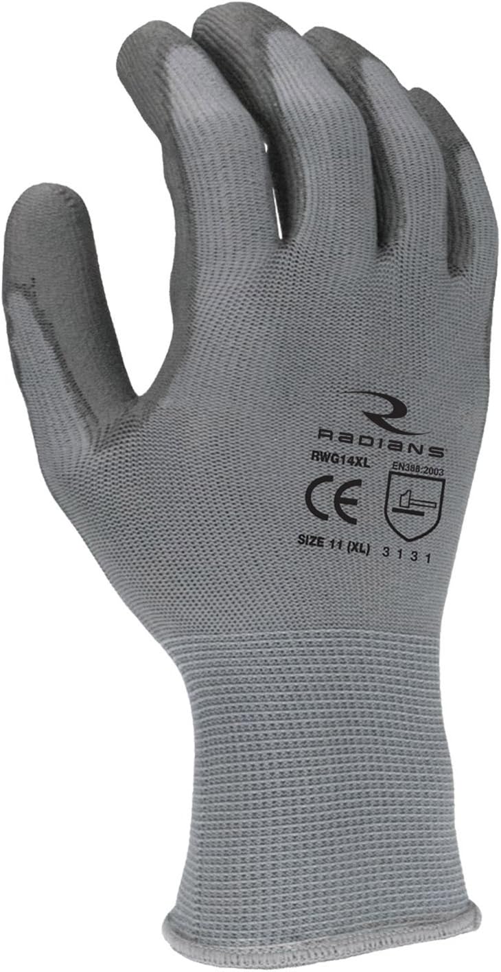 Radians RWG14XL lightweight PU palm coated glove with a 13 gauge gray polyester shell XL Dozen