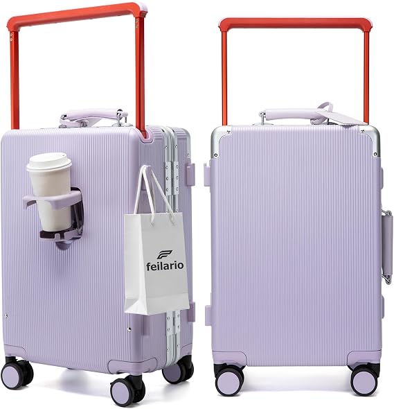 feilario Aluminum Frame Wide Handle PC Carry On Luggage, TSA Lock | PC shell, luxury hard side, cup holder and double spinner wheels support polished airport moves and business trips