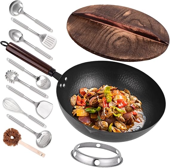 Leidawn 12.8" Carbon Steel Wok,11 Pcs Woks & Stir Fry Pans Wok Pan with Lid