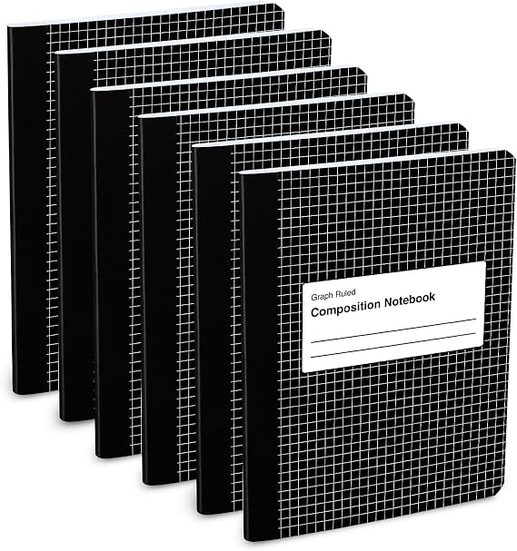 Graph Ruled Composition Notebooks 6 Pack, 9.75 x 7.5 in, 100 Sheets Each Quad Ruled 4x4 Grid Paper for Math, Science, School & College Durable Cover Notebooks for Students & Professionals