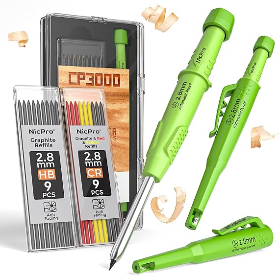 Nicpro Carpenter Pencil with Sharpener & Holster, Construction Pencil-Green | CP3000 Mechanical Pencils+19 Refills, Deep Hole Marker for Construction, Heavy Duty Woodworking Pencil, Tools for Contractor