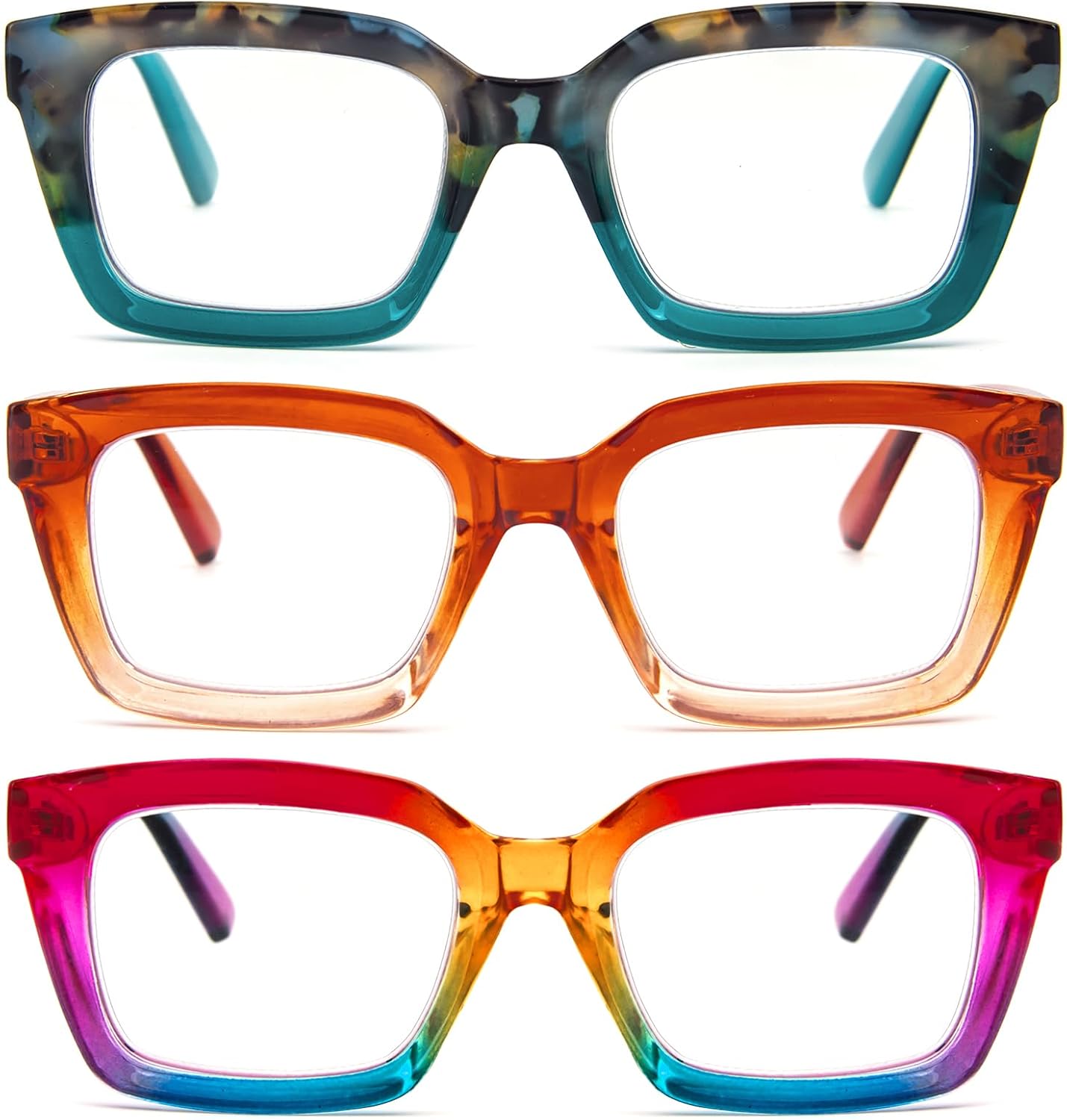 MMOWW 3-Pack Oversized Reading Glasses for Women - Anti Blue Light Glasses with Square Frame Hawksbill blueOrangeRainbow, 2.5