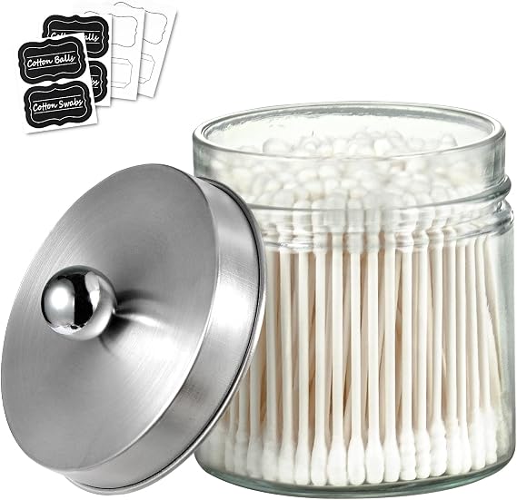 SheeChung Glass Mason Jar Qtip Holder Dispenser, Brushed Nickel Lids,1 Pack