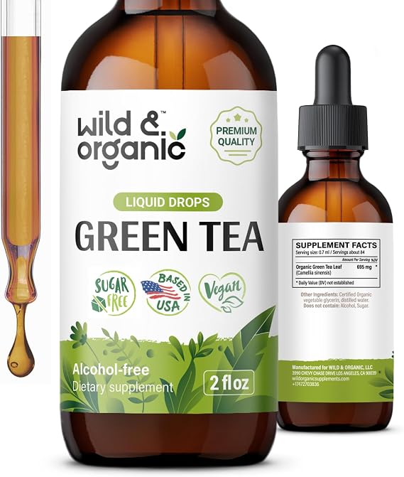 Wild & Organic Green Tea Extract Liquid Drops - Antioxidant Support - 2 oz | Natural Green Tea Supplements - Camelia Sinensis Tincture - No Sugar & Alcohol-Free - Pure, Plant-Based, Vegan