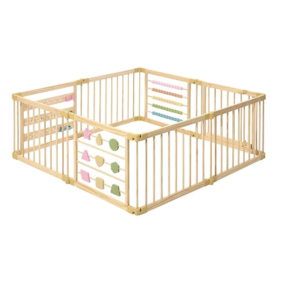 ZETY Natural Wood Baby Playpen, 8 Panel Foldable Play Yard, Door & Toys