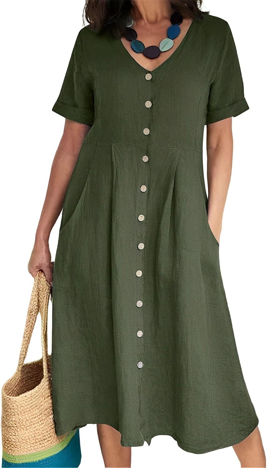 Womens Casual V Neck Button Down Cotton Linen Dress Short Sleeve Midi Length Loose Summer Dresses