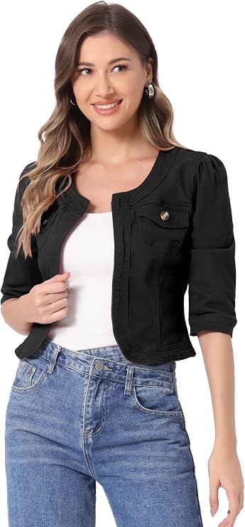 Allegra K Women's Denim Cardigan 3/4 Sleeve Collarless Jean Jackets