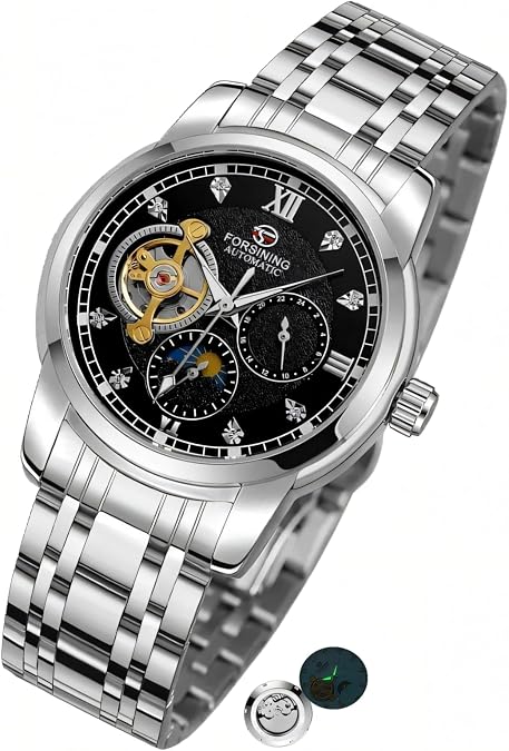FORSINING Luxury Mechanical Watches Moon Phase 24-Hour Small dial Waterproof Luminous Automatic Men Watch Hollow Out Silver Wristwatch