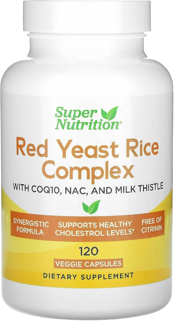 Super Nutrition Red Yeast Rice Complex with Organic Red Yeast Rice, N-Acetyl Cysteine, Coenzyme Q10, and Milk Thistle Extract, 120 Veggie Capsules