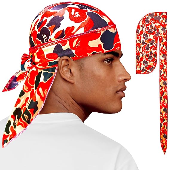 Silk Durag for Men with Long Tail Designer Dorag Soft Slik Sliky Stringless Wave Enforcer Womens Headwrap Red Camouflage