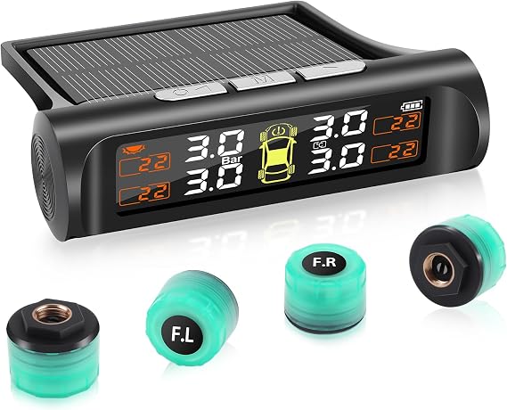 TPMS Tyre Pressure Monitoring System, Solar/USB Charging, Luminous Sensors, 5 Alerts, Auto on/off, for RV, Sedan, SUV, MPV, Motorhom, Trailer,etc, 4 External Sensors（3.5bar）