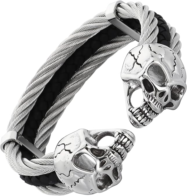 Men's Gothic Skull Bracelet Stainless Steel Cable and Leather Punk Silver Black Bangle, Open Cuff Design for Biker Rocker Gothic Jewelry