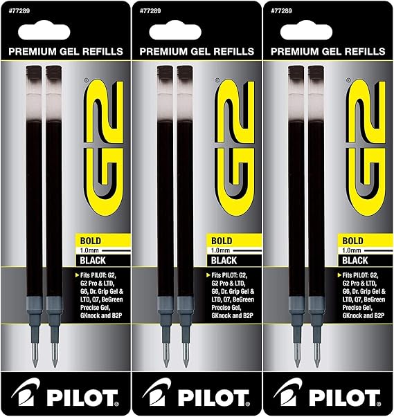 Pilot G2 Gel Ink Pen Refills, Bold Point, 1.0mm, Black Ink, 6 Refills