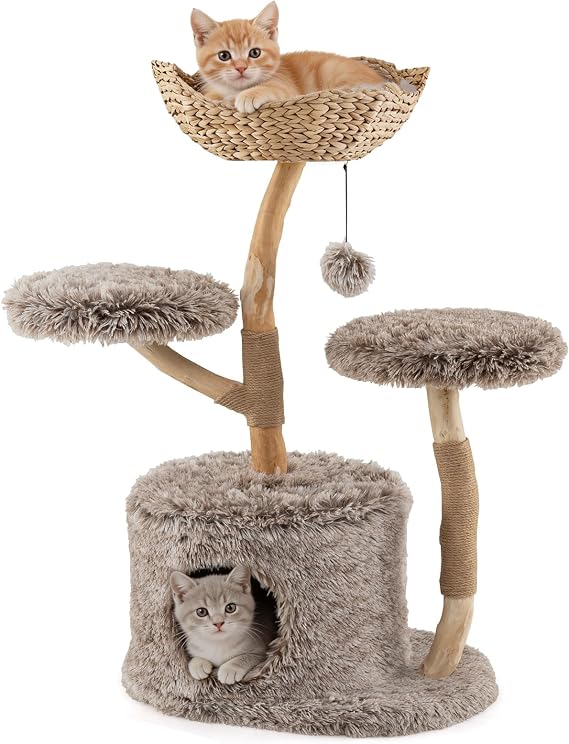 41.5 Inch Wood Cat Tree, Multi-Level Real Pear Wood Modern Cat Tower with Jute Scratching Posts, Dangling Ball, Cozy Top Cattail Perch, 2 Jumping Platforms, Cat Condo, Soft Long Plush Covered